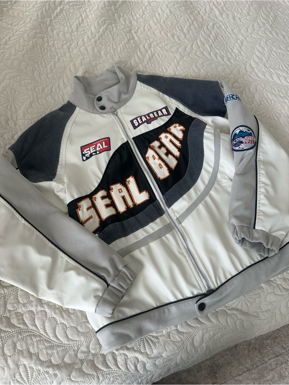 Aelfric Eden black Seal Bear varsity jacket with cream sleeves